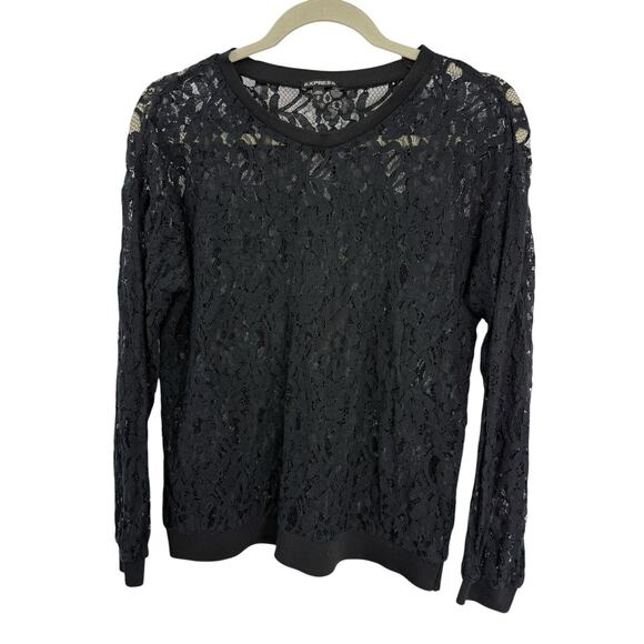 Express Medium Black Sheer Lace Long Sleeve Pullover Top Stretch Goth Romantic - Picture 1 of 8